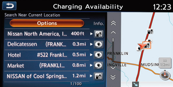 2016 Nissan Leaf Nearby Charging Stations Display